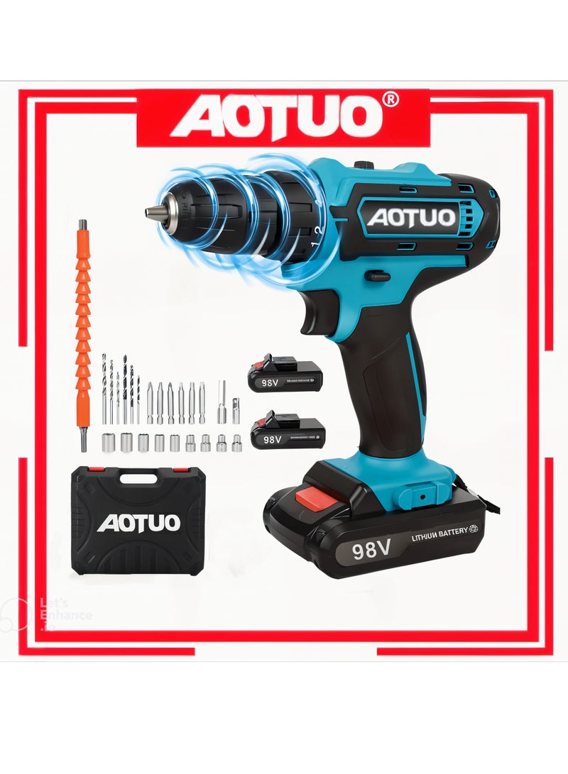 AOTUO 98V cordless drill, two lithium-ion batteries and fast charger, 3/8-inch drill kit, 25+ 3-position clutch, LED work light, variable speed drill, 256 pounds of torque, 24 accessories  - Image 2