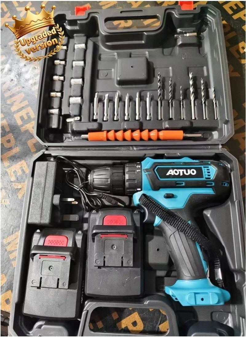 او تو او مثقاب لاسلكي 98 فولت، بطاريتان ليثيوم أيون وشاحن سريع، طقم مثقاب 3/8 بوصة، 25+ قابض ثلاثي الوضع، مصباح عمل LED، مثقاب بسرعة متغيرة، عزم دوران 256 رطل، 24 ملحقًا - Image 1