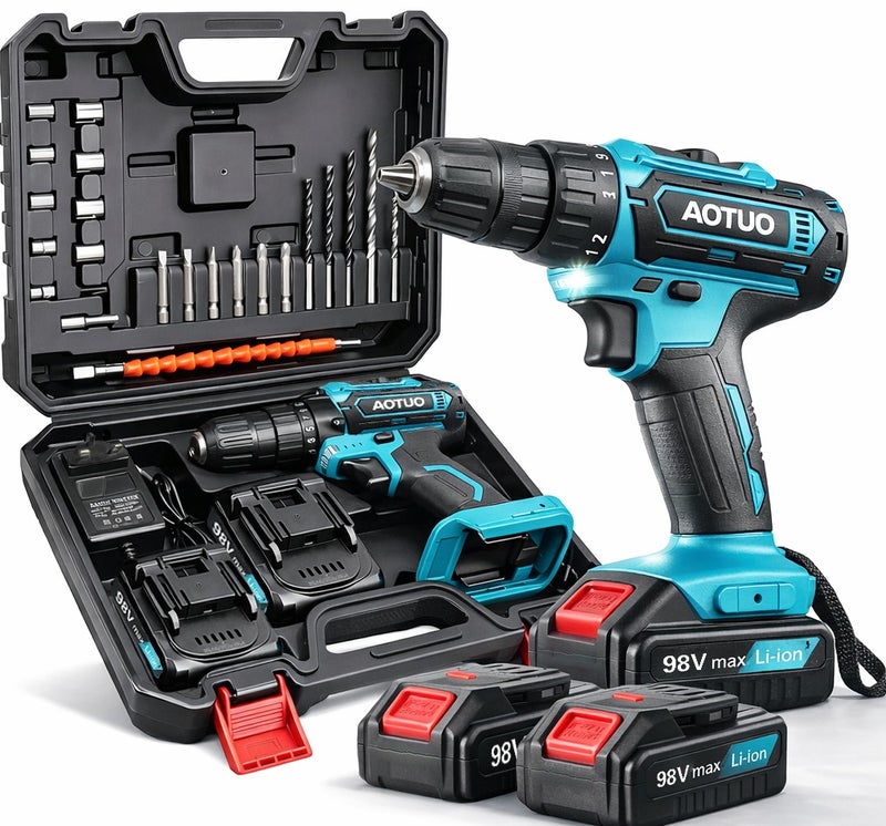 AOTUO 98V cordless drill, two lithium-ion batteries and fast charger, 3/8-inch drill kit, 25+ 3-position clutch, LED work light, variable speed drill, 256 pounds of torque, 24 accessories - Image 1