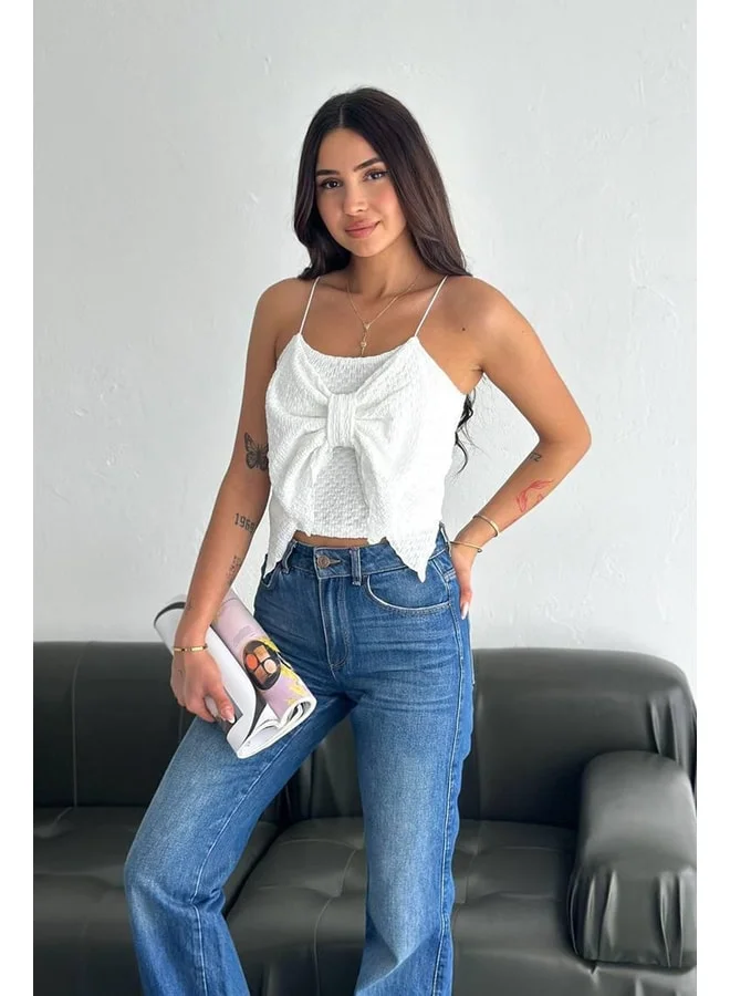 Noa Noa Women's Bow Thin-Strap Knitted Tank Top – Romantic & Textured Style - White