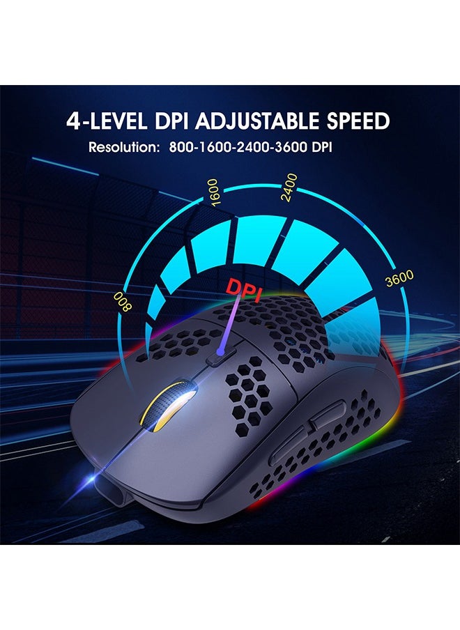 Wireless Bluetooth Gaming Mouse, Honeycomb Wireless Gaming Mice, 3 Modes(BT5.0, BT3.0 and USB 2.4GHz) with 3600 DPI, RGB Backlit-Black Rechargeable Silent Bluetooth Wireless Mouse - Black