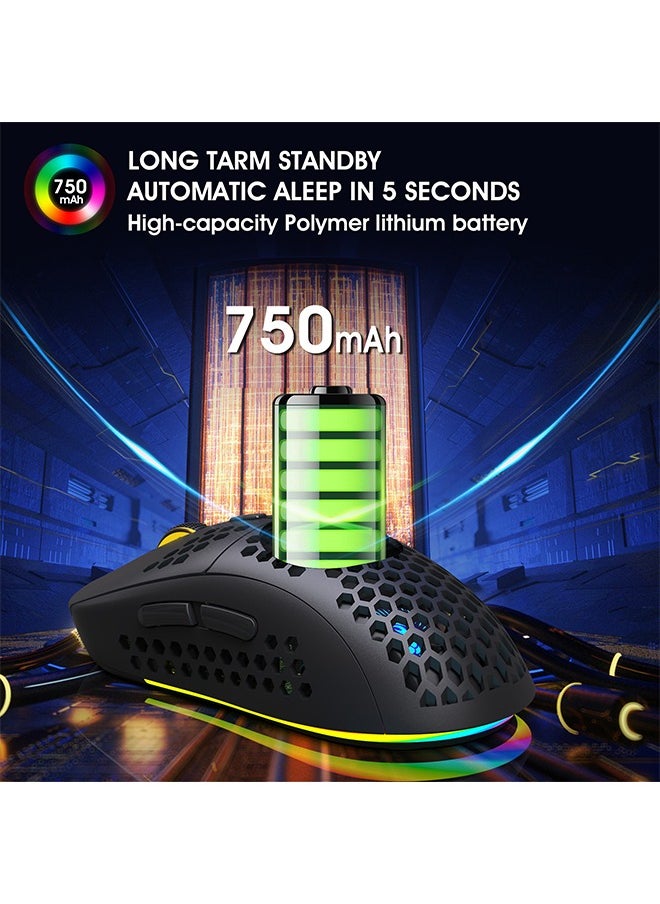 Wireless Bluetooth Gaming Mouse, Honeycomb Wireless Gaming Mice, 3 Modes(BT5.0, BT3.0 and USB 2.4GHz) with 3600 DPI, RGB Backlit-Black Rechargeable Silent Bluetooth Wireless Mouse - Black