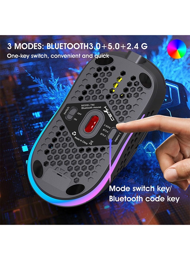 Wireless Bluetooth Gaming Mouse, Honeycomb Wireless Gaming Mice, 3 Modes(BT5.0, BT3.0 and USB 2.4GHz) with 3600 DPI, RGB Backlit-Black Rechargeable Silent Bluetooth Wireless Mouse - Black