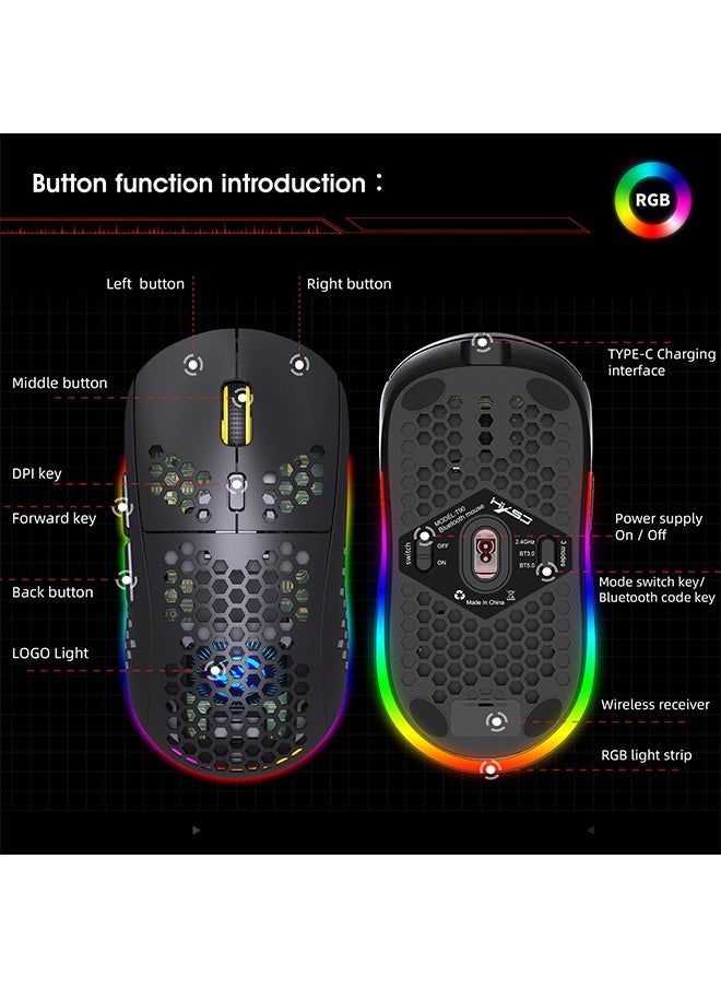 Wireless Bluetooth Gaming Mouse, Honeycomb Wireless Gaming Mice, 3 Modes(BT5.0, BT3.0 and USB 2.4GHz) with 3600 DPI, RGB Backlit-Black Rechargeable Silent Bluetooth Wireless Mouse - Black
