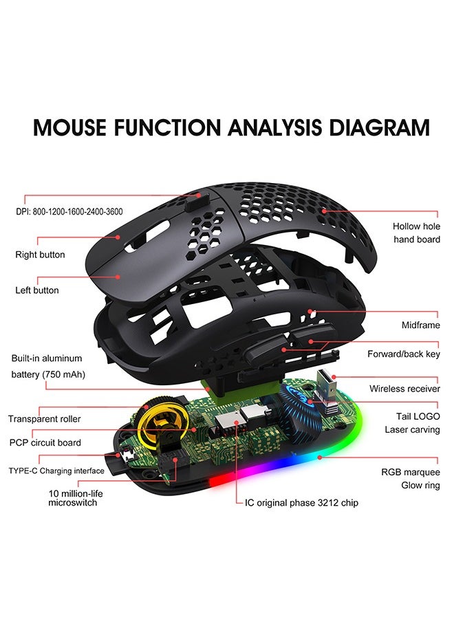 Wireless Bluetooth Gaming Mouse, Honeycomb Wireless Gaming Mice, 3 Modes(BT5.0, BT3.0 and USB 2.4GHz) with 3600 DPI, RGB Backlit-Black Rechargeable Silent Bluetooth Wireless Mouse - Black