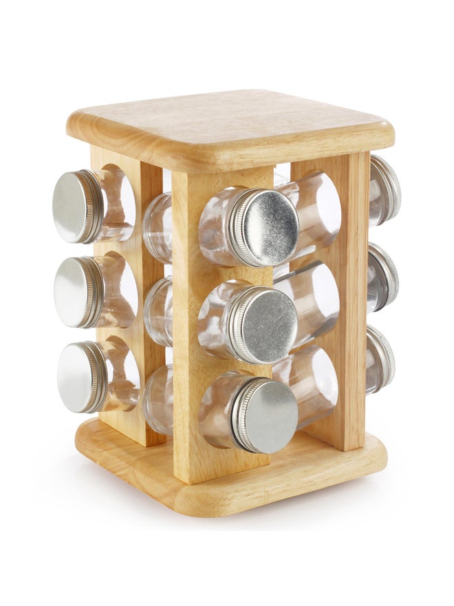 Billi 12 Pieces Spice Bottle with Aluminium Lid and Rotating Wooden Stand, Multi-Colour