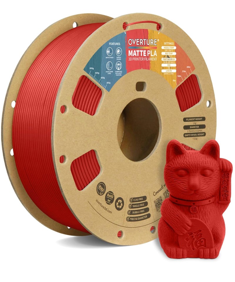 OVERTURE Matte PLA 3D Printer Filament 175mm Matt Surface Low Warping Filament 1kg Spool 22 lbs Accuracy 002 mm Fit Most FDM Printers Matte Brick Red