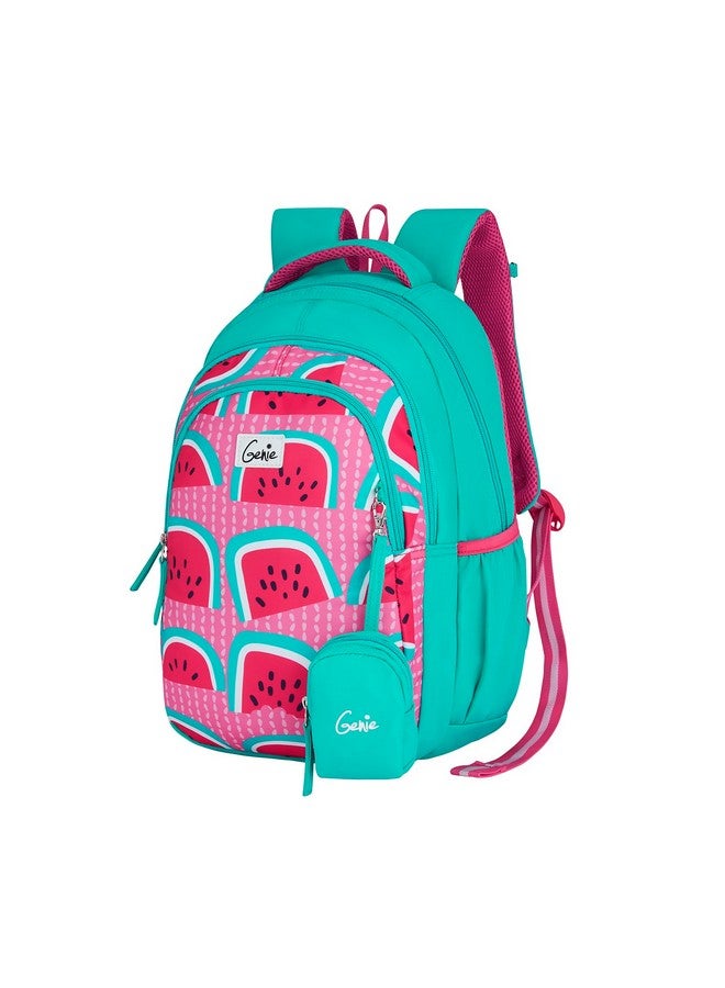 Genie Fruity Kids Backpacks, 15" Cute, Colourful Bags for Girls, Water Resistant and Lightweight, 3 Compartment with Happy Pouch, 20 Liters, Nylon Twill, Teal - Image 2