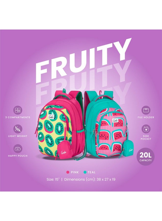 Genie Fruity Kids Backpacks, 15" Cute, Colourful Bags for Girls, Water Resistant and Lightweight, 3 Compartment with Happy Pouch, 20 Liters, Nylon Twill, Teal - Image 5