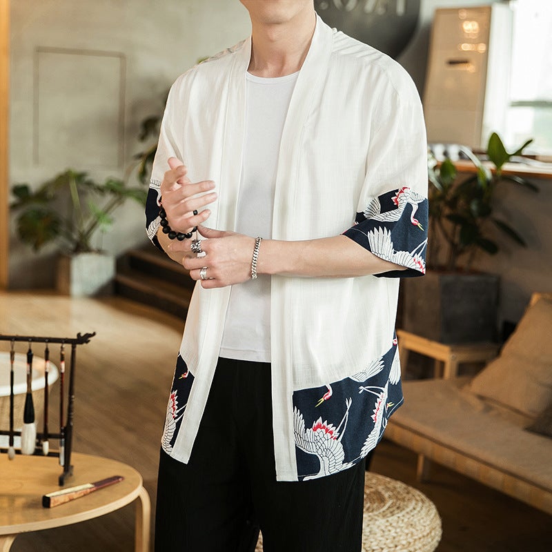 Chinese Style Robe Men'S 2019 Arrival Seven-Point Sleeve Short Trench Coat Hanfu Men'S Loose Cotton And Linen Cardigan For Men - Image 5