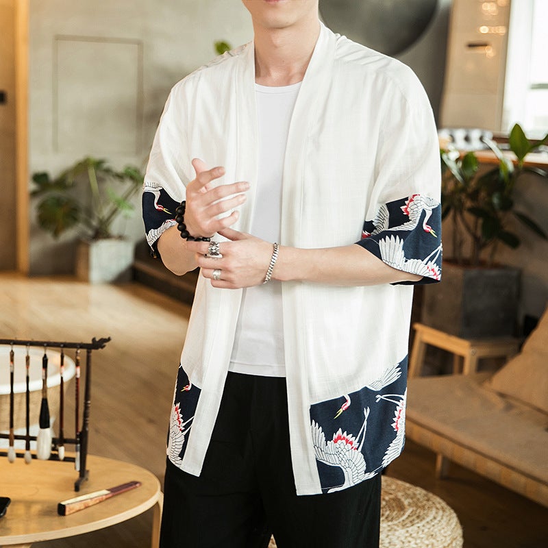 Chinese Style Robe Men'S 2019 Arrival Seven-Point Sleeve Short Trench Coat Hanfu Men'S Loose Cotton And Linen Cardigan For Men - Image 1