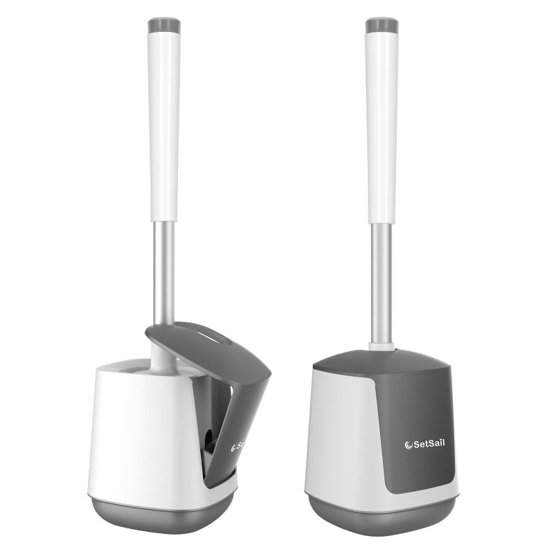 SetSail Toilet Brush and Holder 2 Pack Self Closing Lid Toilet Bowl Brushes Holder and Extra Long Handle Ventilated Toilet Brush Set for Bathroom Cleaning Nylon Bristles White Grey
