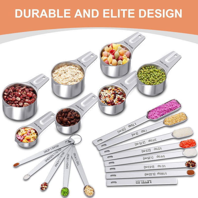 EWFEN Measuring Cups and Spoons Set of 20, 7 Stainless Steel Nesting Measuring Cups & 7 Spoons, 1 + Leveler & 5 Mini Measuring Spoons for Cooking & Baking - Image 3