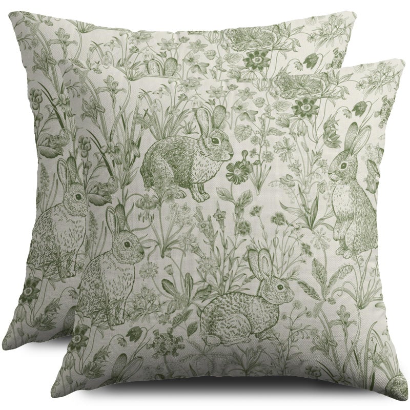 Smozenith Easter Spring Green Pillow Covers 18X18 Set of 2, Vintage Flower Rabbit Bunny Floral Botanical Print Decorative Throw Pillow Covers Outdoor Farmhouse Seasonal Cushion Cases Couch Sofa Bed Decor - Image 1
