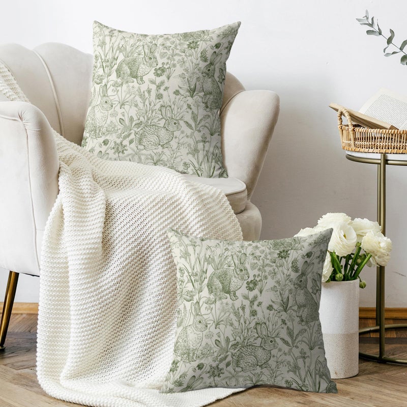 Smozenith Easter Spring Green Pillow Covers 18X18 Set of 2, Vintage Flower Rabbit Bunny Floral Botanical Print Decorative Throw Pillow Covers Outdoor Farmhouse Seasonal Cushion Cases Couch Sofa Bed Decor - Image 3