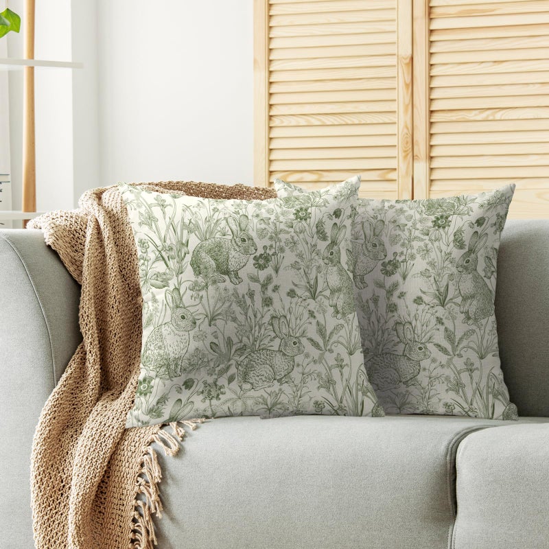 Smozenith Easter Spring Green Pillow Covers 18X18 Set of 2, Vintage Flower Rabbit Bunny Floral Botanical Print Decorative Throw Pillow Covers Outdoor Farmhouse Seasonal Cushion Cases Couch Sofa Bed Decor - Image 2