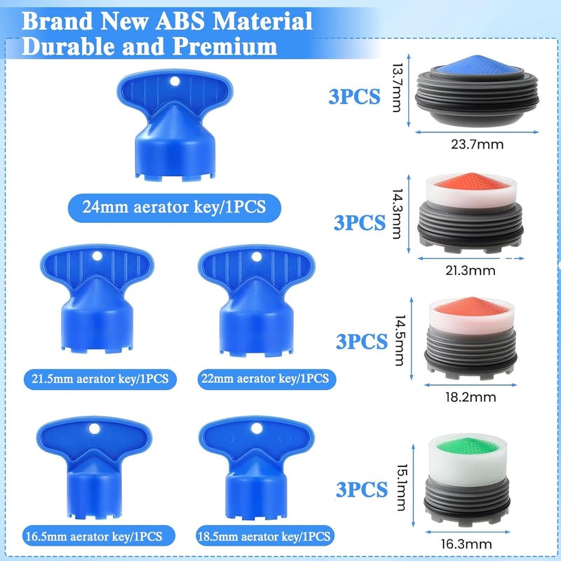 CoolShef مجموعة أدوات إزالة هواء الصنبور 17 قطعة – 12 هواء صنبور مع محددات تدفق و 5 مفاتيح هواء صنبور، مجموعة مفاتيح ربط هواء للصنبور M16.5 M18.5 M21.5 M24mm للحمام والمطبخ - Image 2