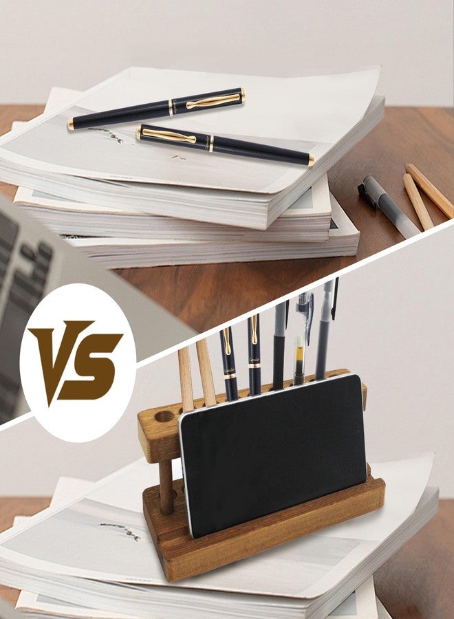 VKSG Wooden Pen Holder for Desk, Solid Walnut Pencil Stand Pen Displays with 9 Slots and Cell Phone Holder, Aesthetic Pens Organizer for Minimalist Office Desk Decor - Image 4