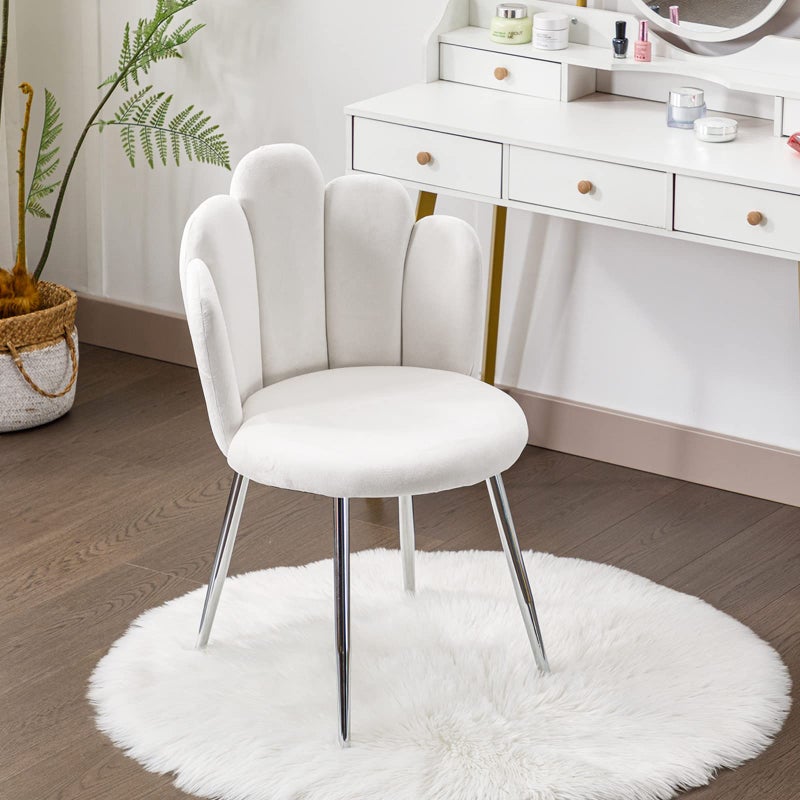 BOWTHY Vanity Chair for Makeup Room  Midcentury Modern Accent Chair for Living Room Bedroom Velvet Chair with Back Support and Metal Legs White