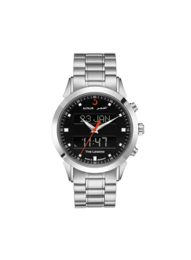 الفجر ساعة رجالية فاخرة تعرض التوقيت المزدوج (تناظري - رقمي) مع التاريخ وأوقات الصلاة. تاج متعدد الوظائف. هيكل من الفولاذ المقاوم للصدأ. زجاج ياقوتي وسوار من الفولاذ المقاوم للصدأ. الميناء وشاشة LCD متوفران بالألوان الأبيض والأسود والأخضر. - Image 1
