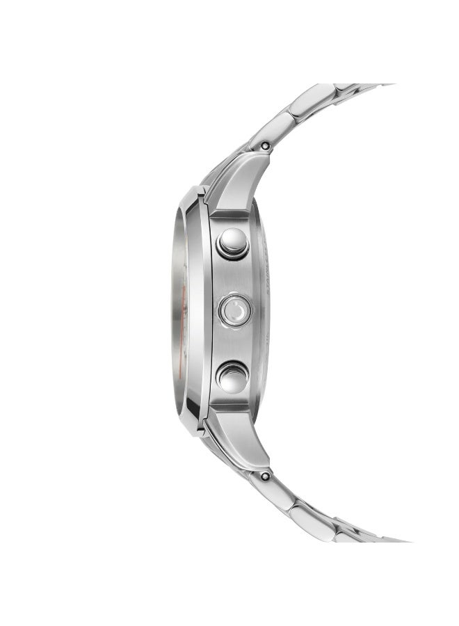 الفجر ساعة رجالية فاخرة تعرض التوقيت المزدوج (تناظري - رقمي) مع التاريخ وأوقات الصلاة. تاج متعدد الوظائف. هيكل من الفولاذ المقاوم للصدأ. زجاج ياقوتي وسوار من الفولاذ المقاوم للصدأ. الميناء وشاشة LCD متوفران بالألوان الأبيض والأسود والأخضر. - Image 3