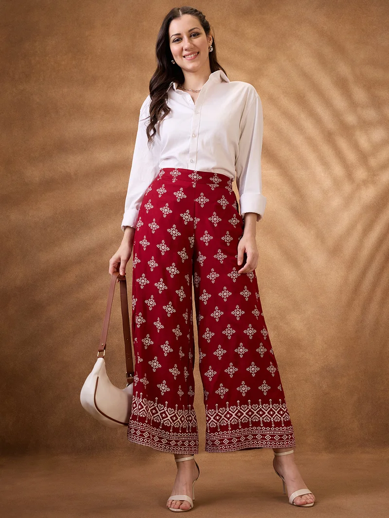 globus Women Maroon Ethnic Print Mid Rise Wide Leg Fusion Pant