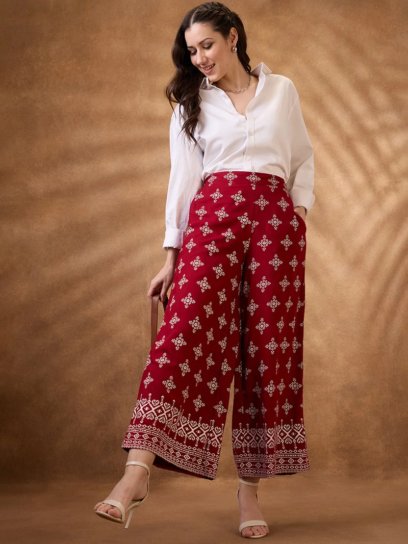 globus Women Maroon Ethnic Print Mid Rise Wide Leg Fusion Pant