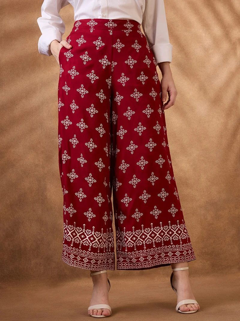 globus Women Maroon Ethnic Print Mid Rise Wide Leg Fusion Pant