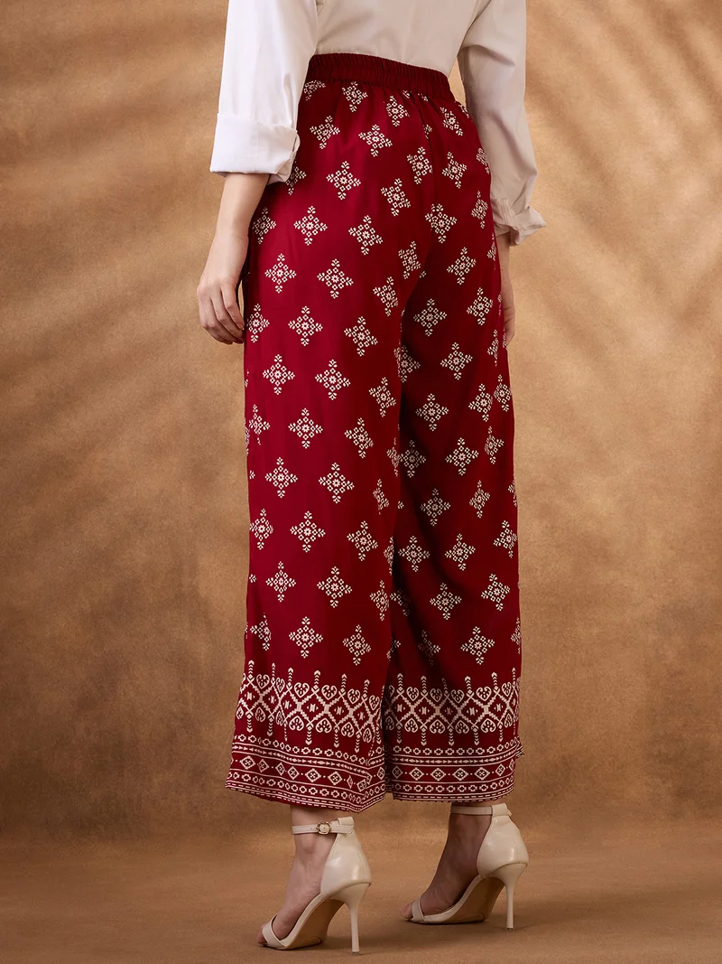 globus Women Maroon Ethnic Print Mid Rise Wide Leg Fusion Pant