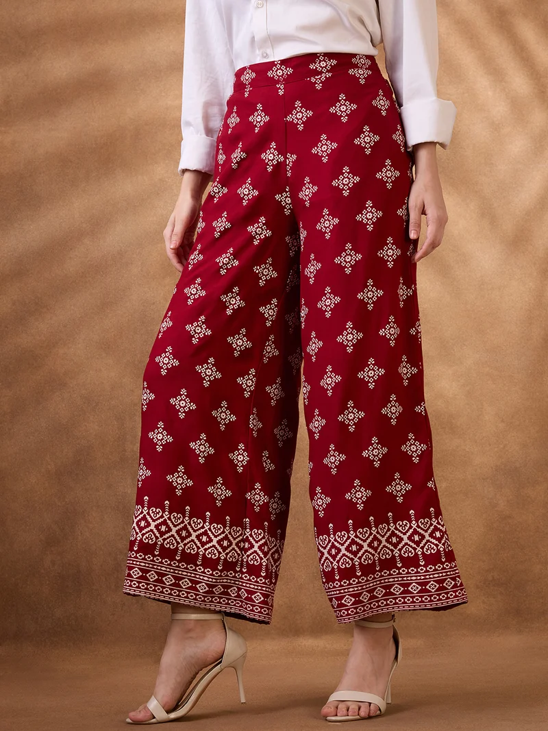 globus Women Maroon Ethnic Print Mid Rise Wide Leg Fusion Pant