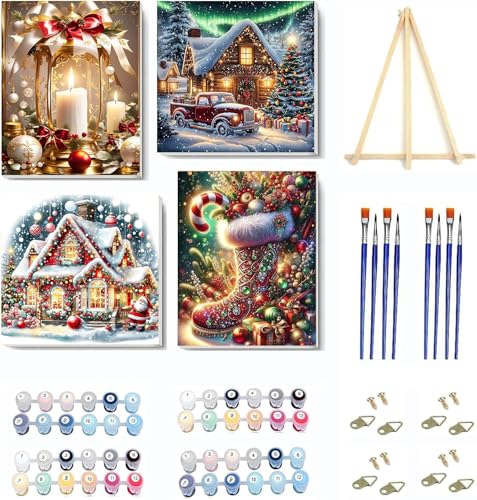 NEGEKFKX 4 pack Christmas Paint by Numbers Kit for Adults Beginner with framedWinter Easy Adult Paint by Number Kits on Canvas DIY Painting for Beginners Art by Numbers for Home Wall Decor 10x1210x10 Inch - Image 1
