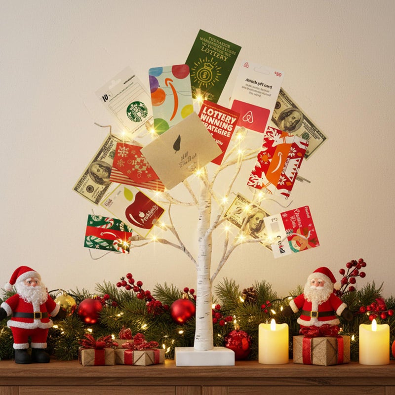 EAMBRITE Money Tree Gift Holder, Lighted Birch Tree 2FT 24LED, Battery/USB Powered Timer Light Up Display Twig Gift Card Tree with 6 Clear Clips and 6 Cards for Home Christmas Graduation Photo Memo - Image 1
