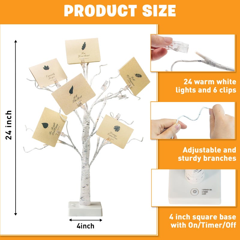 EAMBRITE Money Tree Gift Holder, Lighted Birch Tree 2FT 24LED, Battery/USB Powered Timer Light Up Display Twig Gift Card Tree with 6 Clear Clips and 6 Cards for Home Christmas Graduation Photo Memo - Image 4