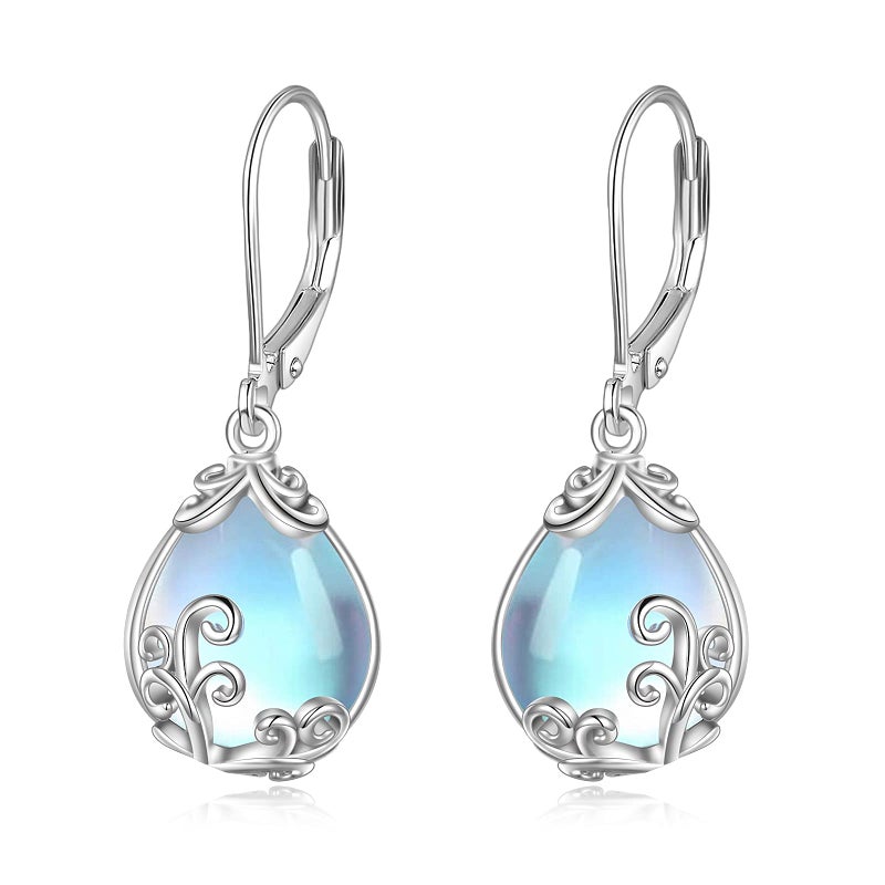 POPLYKE Moonstone Filigree Teardrop Drop Dangle Earrings Sterling Silver Leverback Earrings Moonstone Jewelry Gifts for Women - Image 1