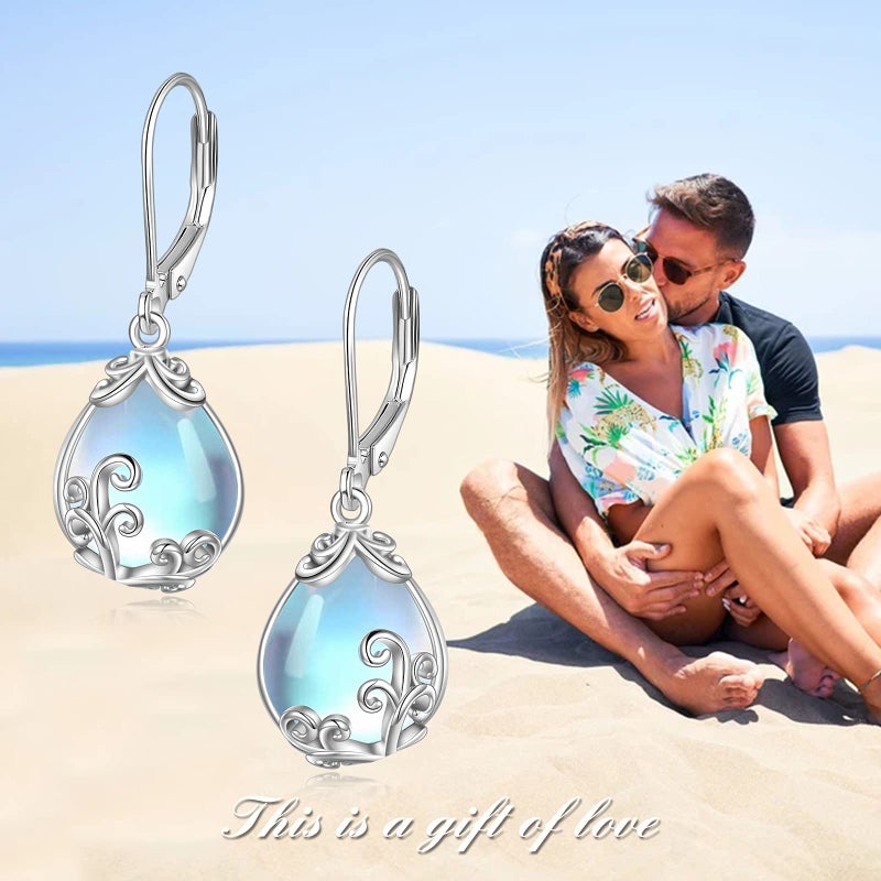 POPLYKE Moonstone Filigree Teardrop Drop Dangle Earrings Sterling Silver Leverback Earrings Moonstone Jewelry Gifts for Women - Image 3