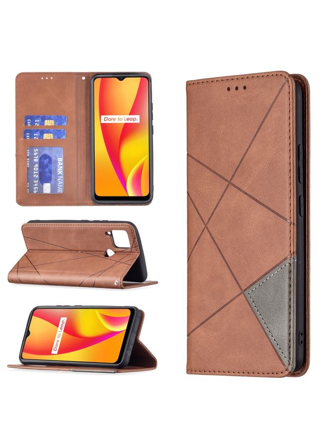 HuHa Case Cover For Realme C15 / C12 / C25 Rhombus Texture Horizontal Flip Magnetic Leather Case with Holder & Card Slots Brown