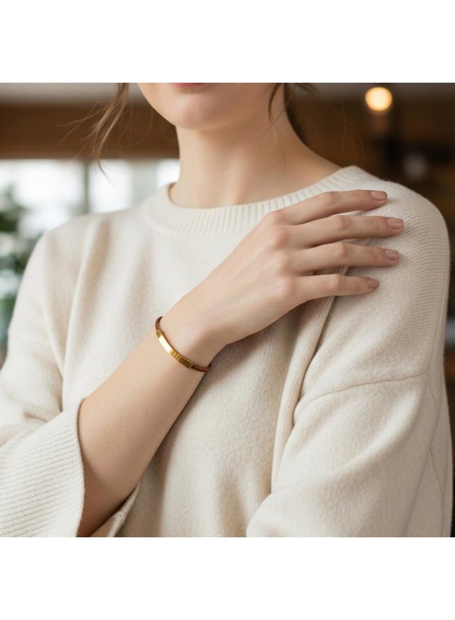 Leporem 18K Gold Plated Stainless Steel Curved Bar Leather Bracelet for Women, Adjustable Genuine Cowhide Cord Minimalist Slider Wristband - Modern Friendship Jewelry Gift for Teen Girls, Adjustable, Leather - Image 5