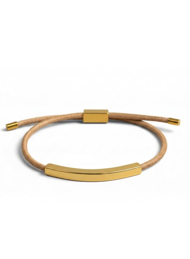 Leporem 18K Gold Plated Stainless Steel Curved Bar Leather Bracelet for Women, Adjustable Genuine Cowhide Cord Minimalist Slider Wristband - Modern Friendship Jewelry Gift for Teen Girls, Adjustable, Leather - Image 1