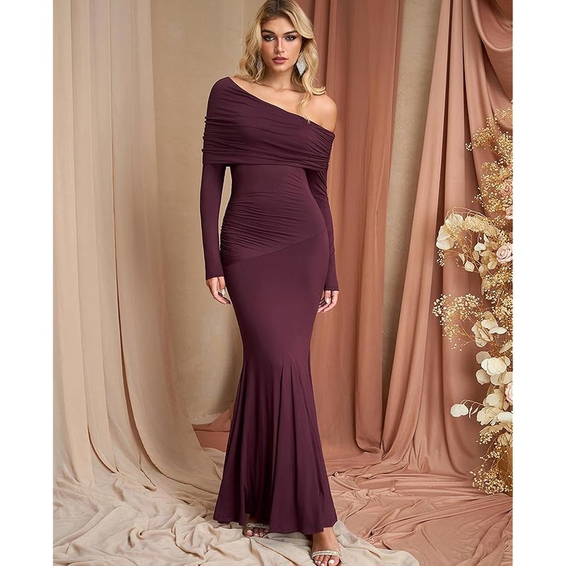GLNEGE Off The Shoulder Fall Wedding Guest Formal Dress Long Sleeve Ruched Bodycon Maxi Cocktail Party Dresses for Women - Image 4