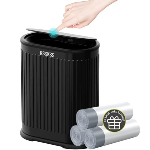 KSSKSS 1.8 Gallons Small Stainless Steel Trash Can with Press Type Lid, Slim Bathroom Garbage Bin, Removable Liner Bucket, Dog Proof Narrow Wastebasket with Pop-Up Lid for Bedroom,Toilet (Matt Black) - Image 1