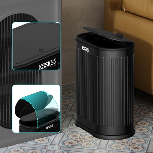 KSSKSS 1.8 Gallons Small Stainless Steel Trash Can with Press Type Lid, Slim Bathroom Garbage Bin, Removable Liner Bucket, Dog Proof Narrow Wastebasket with Pop-Up Lid for Bedroom,Toilet (Matt Black) - Image 3