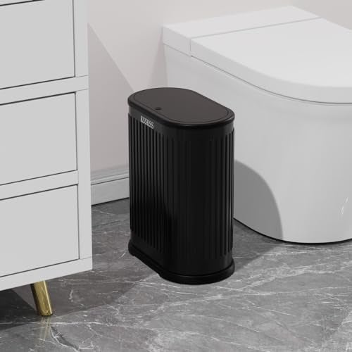 KSSKSS 1.8 Gallons Small Stainless Steel Trash Can with Press Type Lid, Slim Bathroom Garbage Bin, Removable Liner Bucket, Dog Proof Narrow Wastebasket with Pop-Up Lid for Bedroom,Toilet (Matt Black) - Image 4