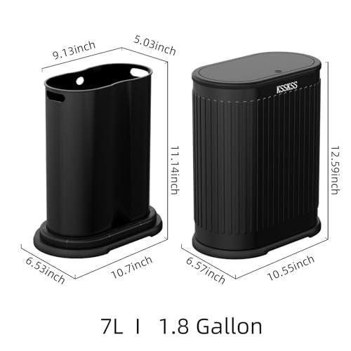 KSSKSS 1.8 Gallons Small Stainless Steel Trash Can with Press Type Lid, Slim Bathroom Garbage Bin, Removable Liner Bucket, Dog Proof Narrow Wastebasket with Pop-Up Lid for Bedroom,Toilet (Matt Black) - Image 5