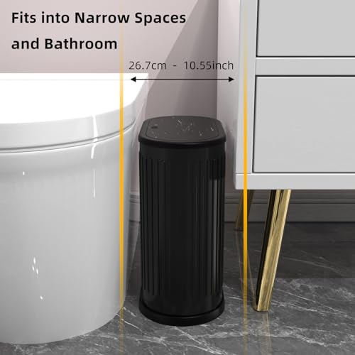 KSSKSS 1.8 Gallons Small Stainless Steel Trash Can with Press Type Lid, Slim Bathroom Garbage Bin, Removable Liner Bucket, Dog Proof Narrow Wastebasket with Pop-Up Lid for Bedroom,Toilet (Matt Black) - Image 2