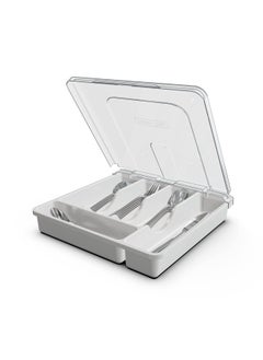 QINOL Silverware Tray With Lid Utensil Drawer Organizer For Kitchen Countertop Plastic Flatware Organizers And Storage Holder 5 Compartments White  - Image 1