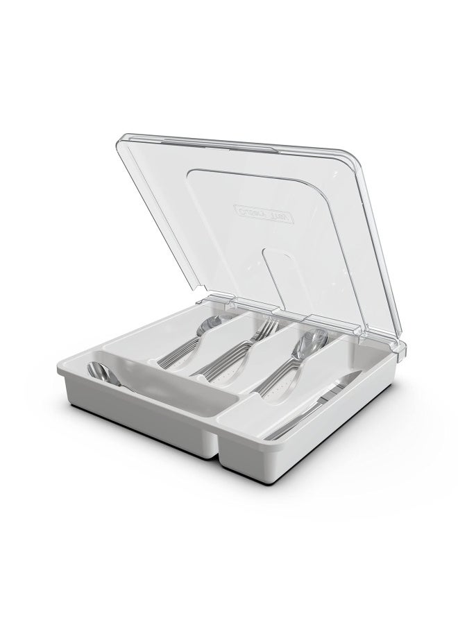 QINOL - Silverware Tray With Lid Utensil Drawer Organizer For Kitchen Countertop Plastic Flatware Organizers And Storage Holder 5 Compartments White - Image 1