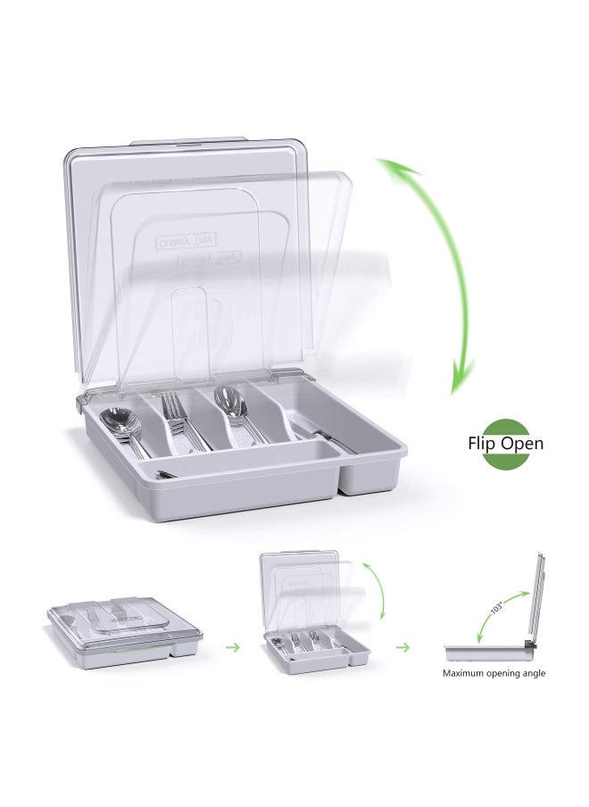 QINOL - Silverware Tray With Lid Utensil Drawer Organizer For Kitchen Countertop Plastic Flatware Organizers And Storage Holder 5 Compartments White - Image 1