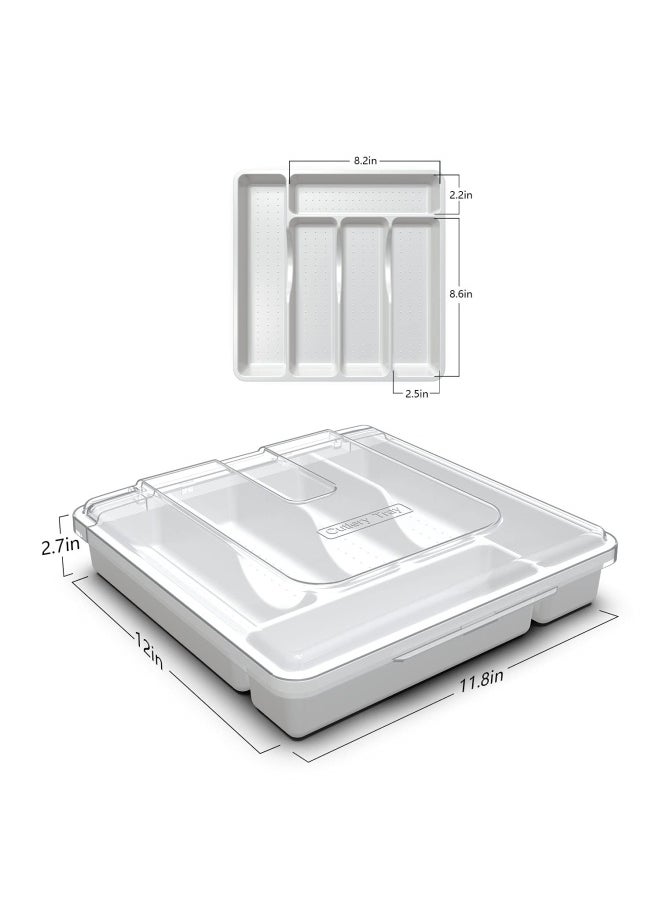 QINOL - Silverware Tray With Lid Utensil Drawer Organizer For Kitchen Countertop Plastic Flatware Organizers And Storage Holder 5 Compartments White - Image 1