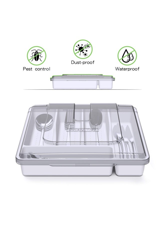 QINOL - Silverware Tray With Lid Utensil Drawer Organizer For Kitchen Countertop Plastic Flatware Organizers And Storage Holder 5 Compartments White - Image 1
