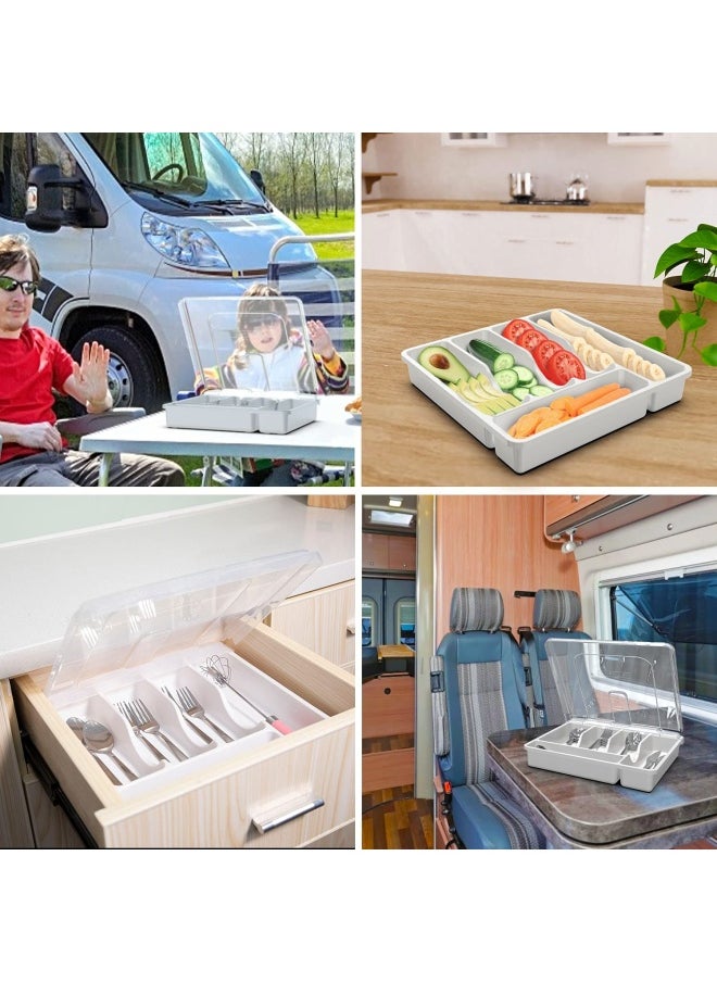 QINOL - Silverware Tray With Lid Utensil Drawer Organizer For Kitchen Countertop Plastic Flatware Organizers And Storage Holder 5 Compartments White - Image 1